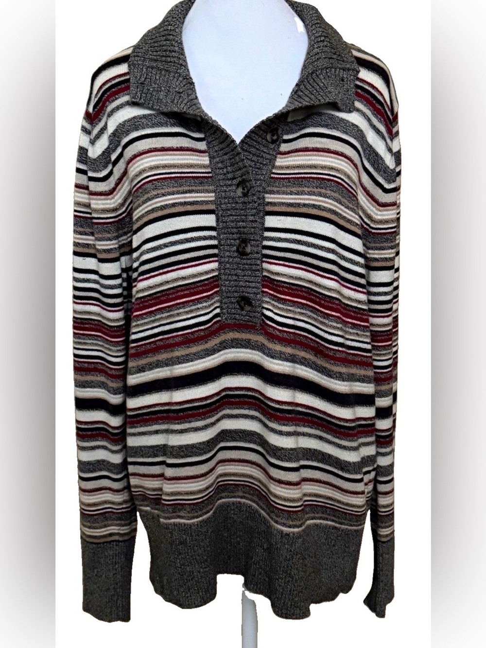 EDDIE BAUER Women’s XL Striped Collared Button Neck Knit Pullover Sweater - Picture 1 of 6